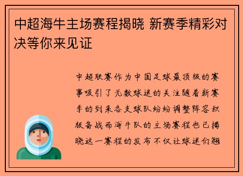 中超海牛主场赛程揭晓 新赛季精彩对决等你来见证